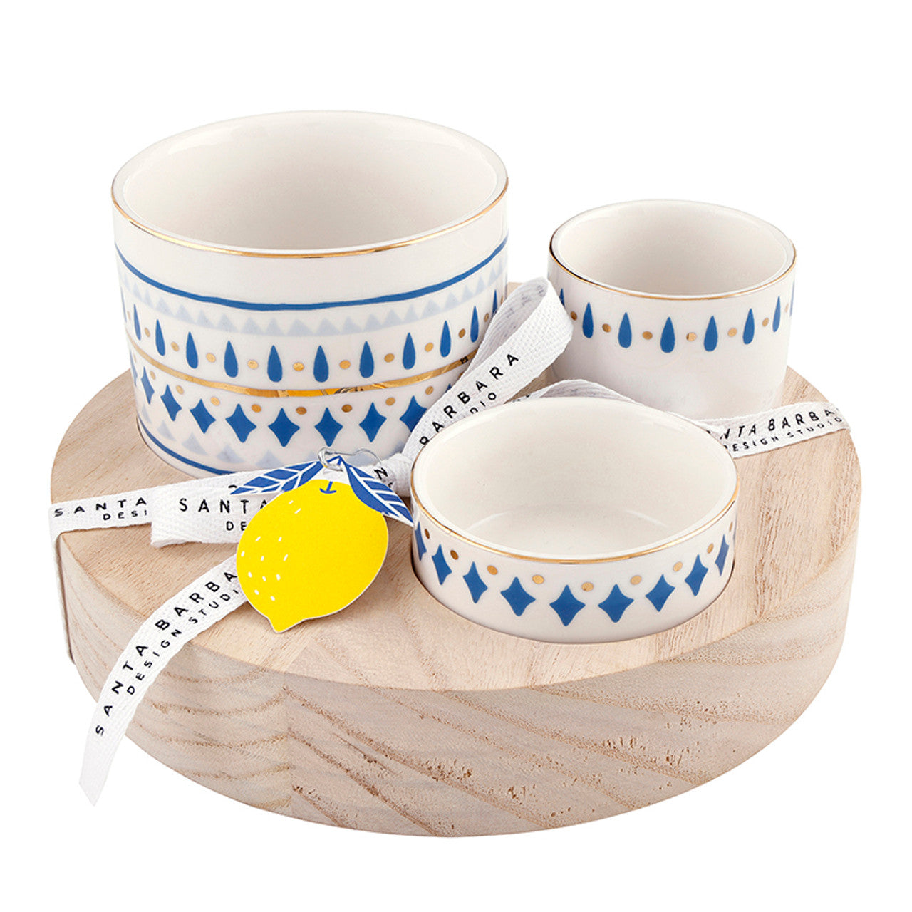 Trio Ceramic Bowls on Wood Base - Blue Pattern