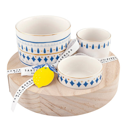Trio Ceramic Bowls on Wood Base - Blue Pattern