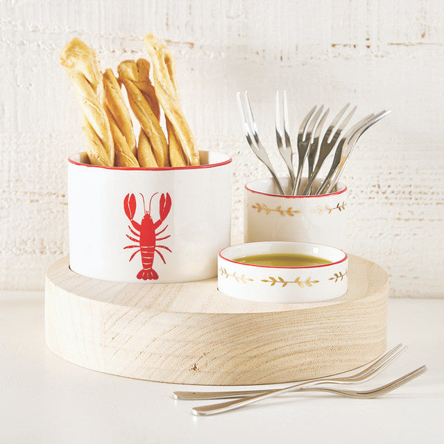 Trio Ceramic Bowls on Wood Base - Lobster