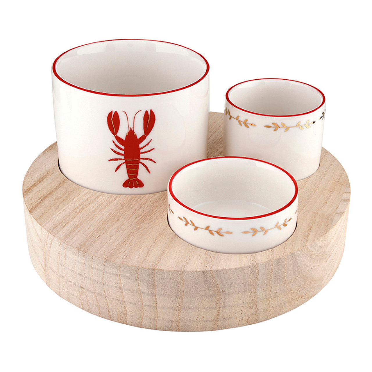 Trio Ceramic Bowls on Wood Base - Lobster