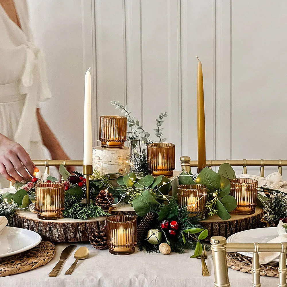 Vintage Ribbed Amber Glass Votive Candle Holders