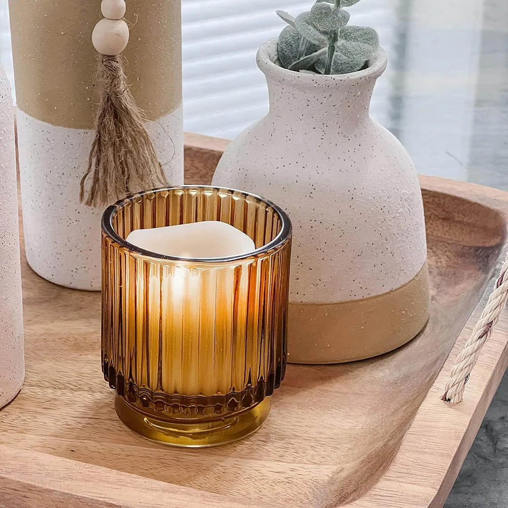Vintage Ribbed Amber Glass Votive Candle Holders