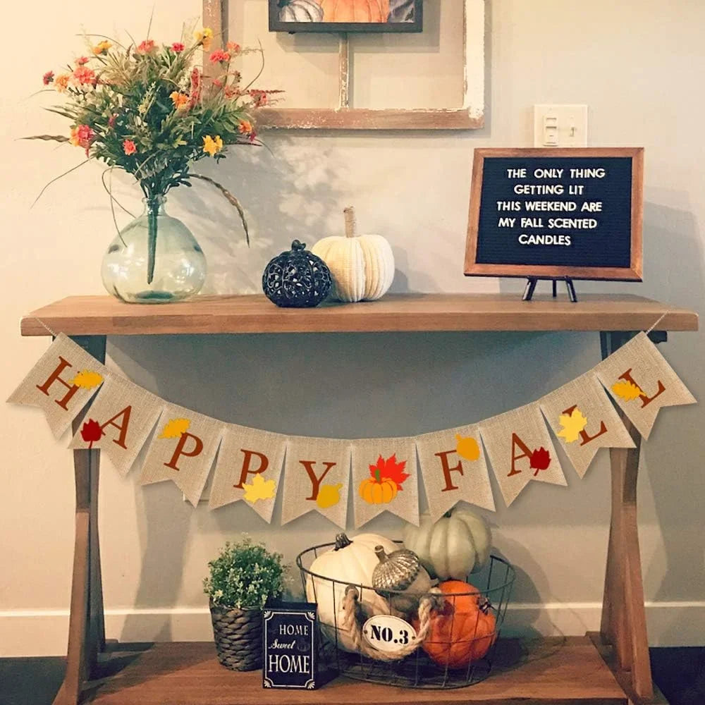 Happy Fall Burlap Banner with Pumpkin Fallen Leaves