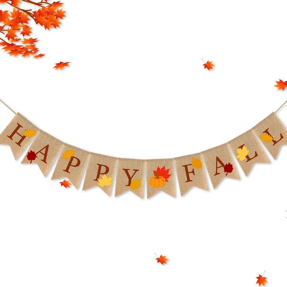 Happy Fall Burlap Banner with Pumpkin Fallen Leaves