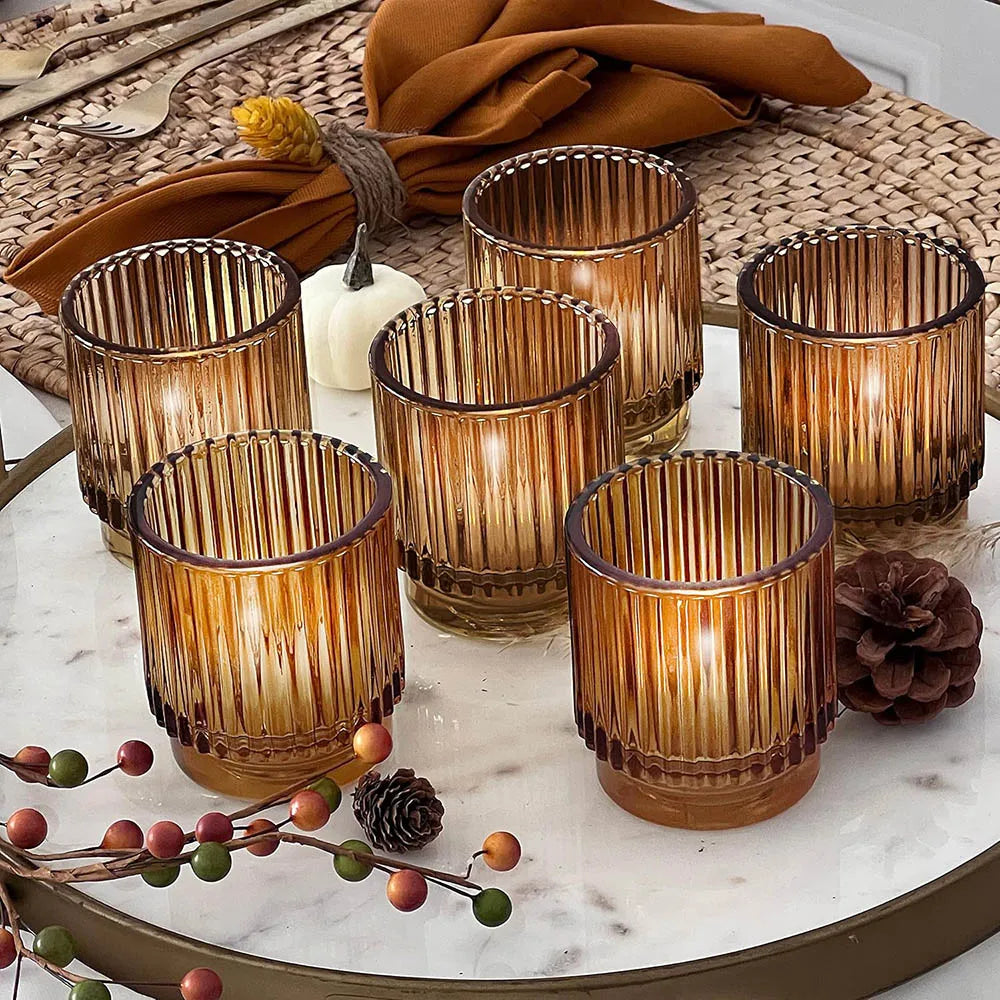 Vintage Ribbed Amber Glass Votive Candle Holders