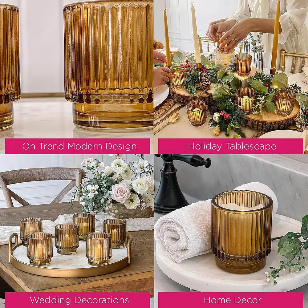 Vintage Ribbed Amber Glass Votive Candle Holders