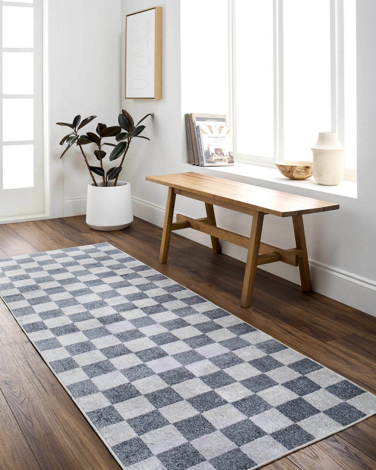 Alie Blue Gray Checkered Washable Rug