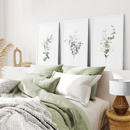 Gold &amp; Green Eucalyptus Wall Art Set of 3
