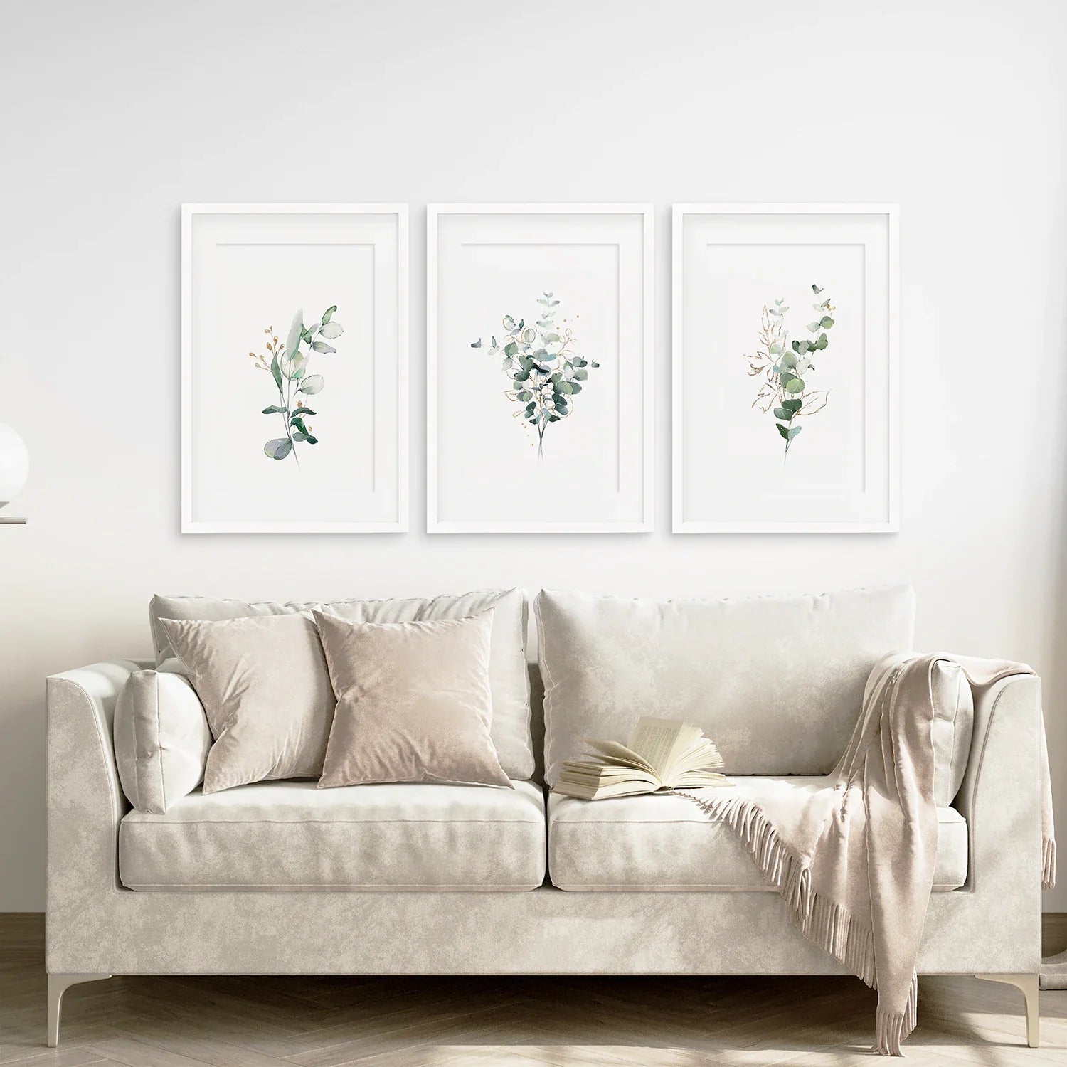 Gold &amp; Green Eucalyptus Wall Art Set of 3