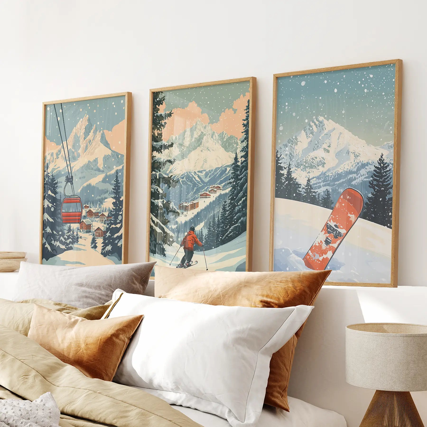 Vintage Ski Poster Set of 3. Snowboard, Skier &amp; Ski Lift Wall Art