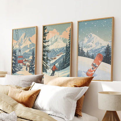 Vintage Ski Poster Set of 3. Snowboard, Skier &amp; Ski Lift Wall Art