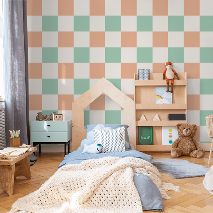 Simply Checker (Peach &amp; Teal) Wallpaper