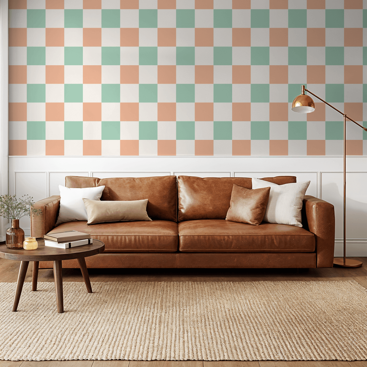 Simply Checker (Peach &amp; Teal) Wallpaper