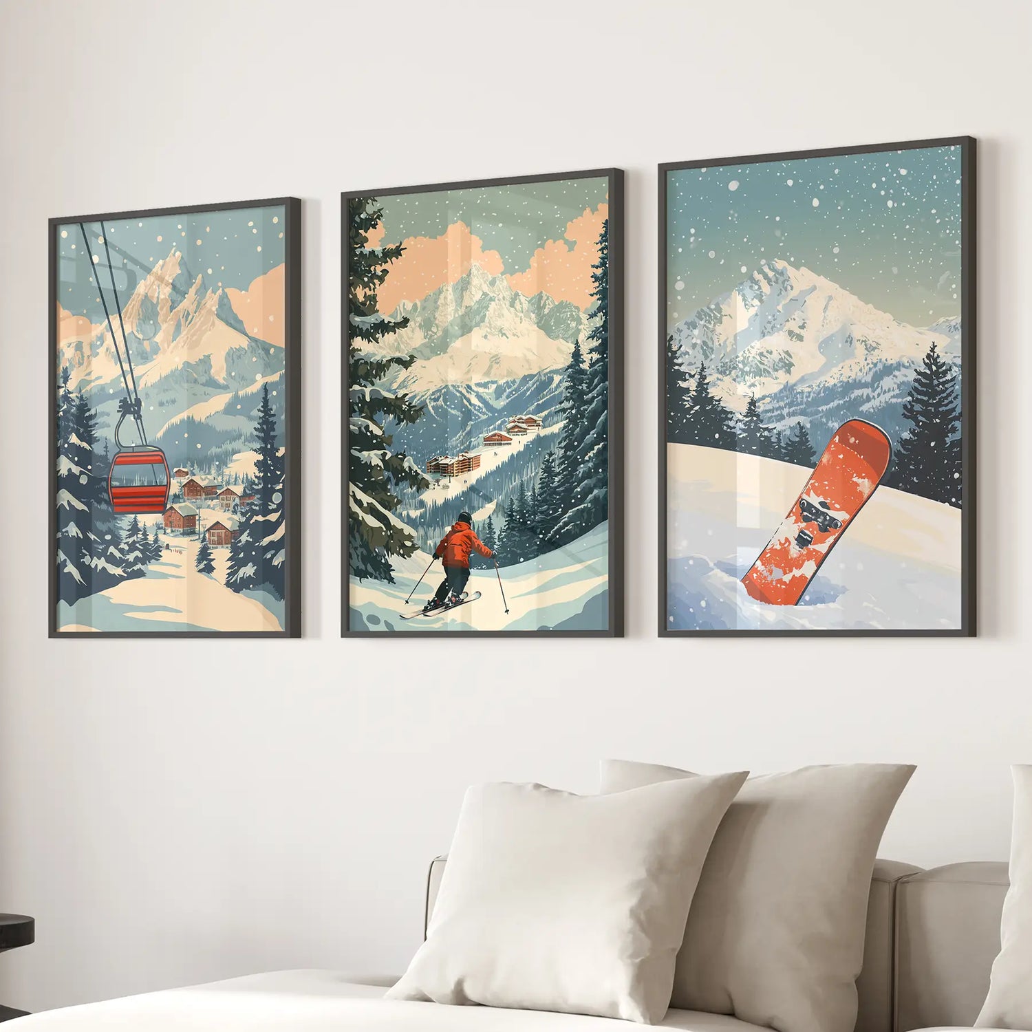 Vintage Ski Poster Set of 3. Snowboard, Skier &amp; Ski Lift Wall Art