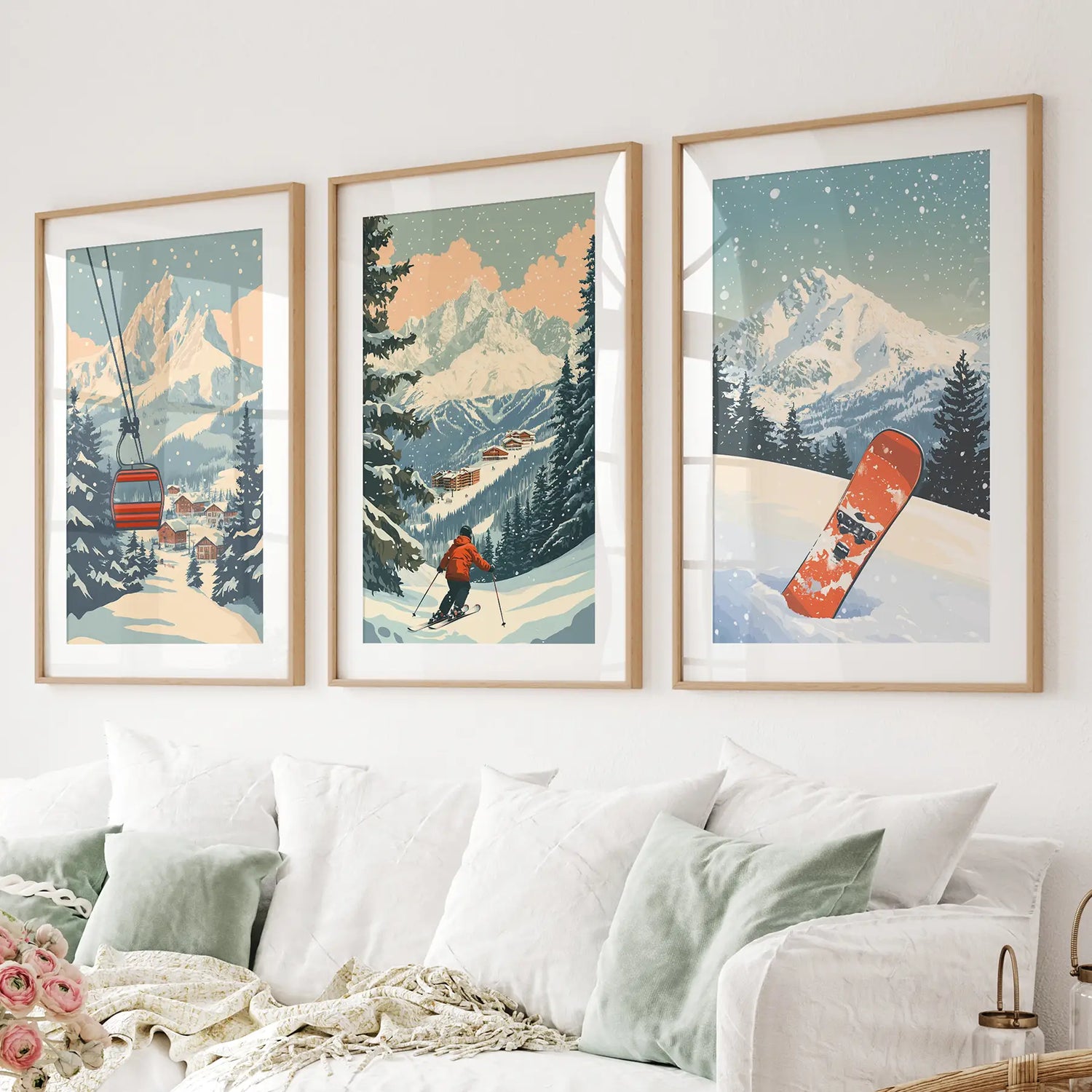 Vintage Ski Poster Set of 3. Snowboard, Skier &amp; Ski Lift Wall Art