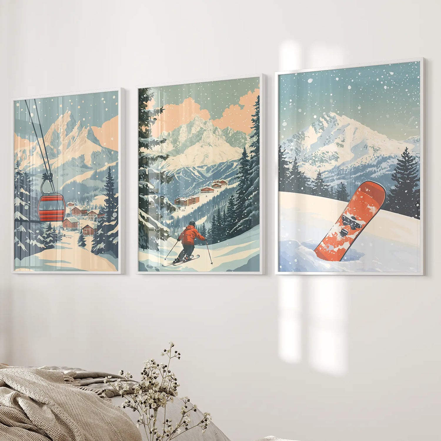 Vintage Ski Poster Set of 3. Snowboard, Skier &amp; Ski Lift Wall Art