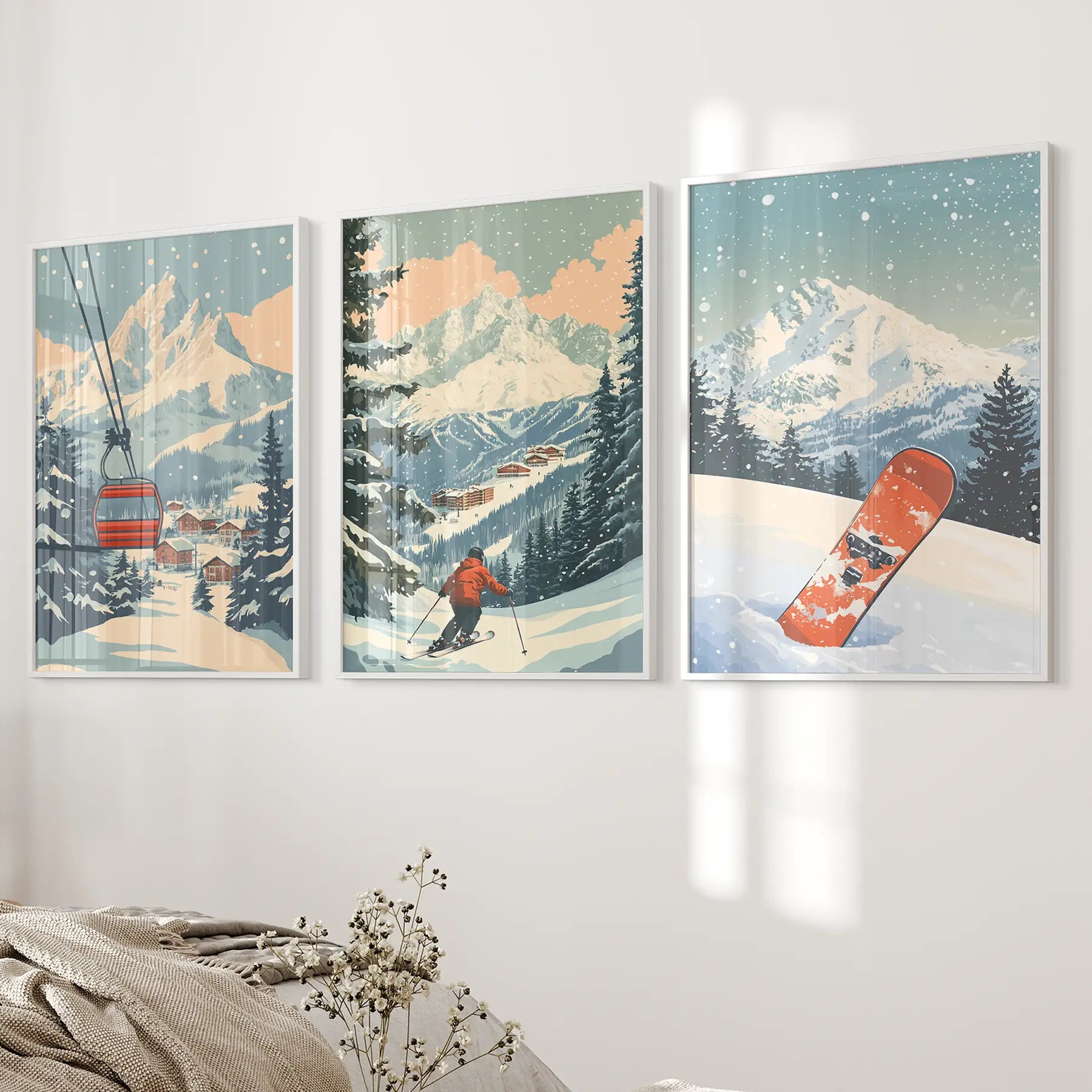 Vintage Ski Poster Set of 3. Snowboard, Skier &amp; Ski Lift Wall Art