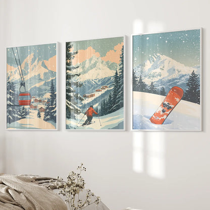 Vintage Ski Poster Set of 3. Snowboard, Skier &amp; Ski Lift Wall Art