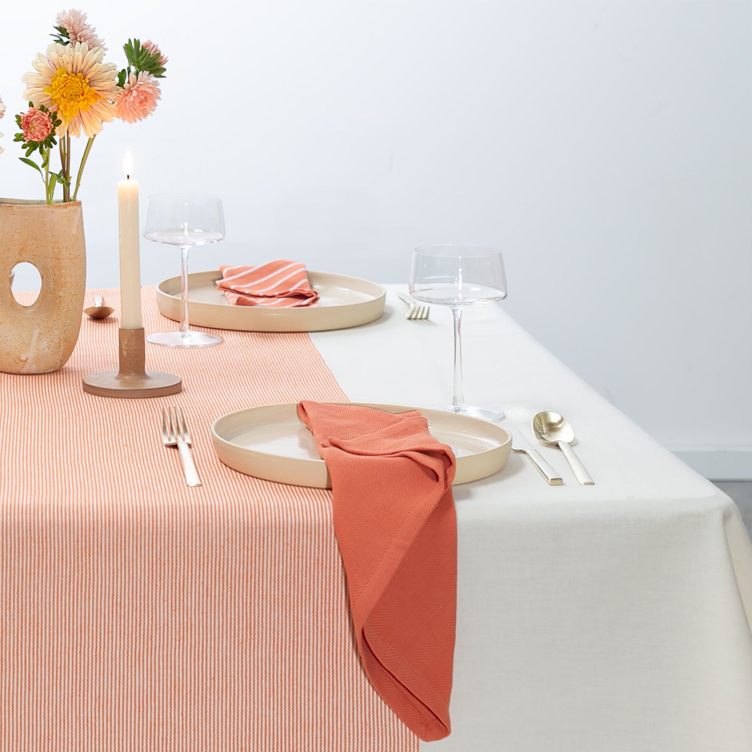 The Stripe Collection Tablecloth Natural &amp; Persimmon