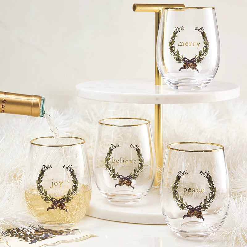 Gold Foil Boxed Stemless Wine Glass Set - Merry Christmas