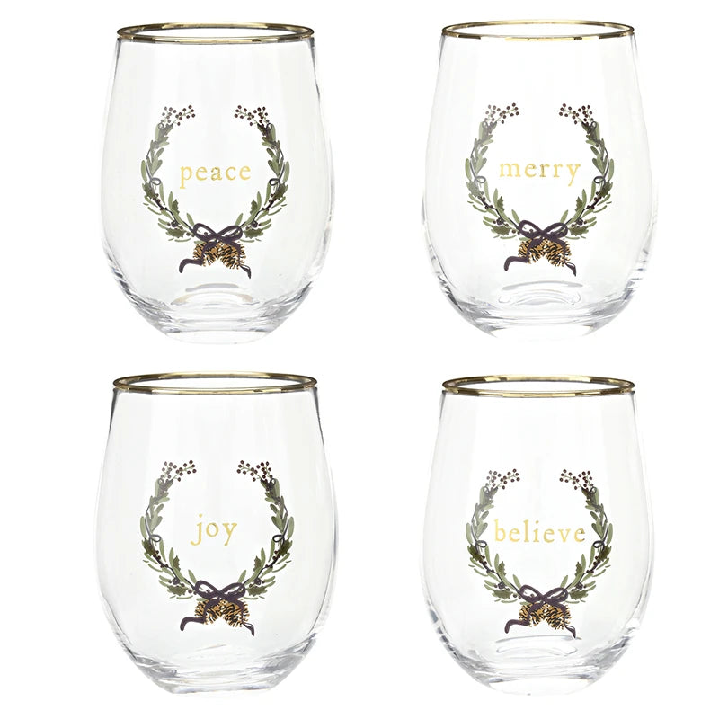 Gold Foil Boxed Stemless Wine Glass Set - Merry Christmas