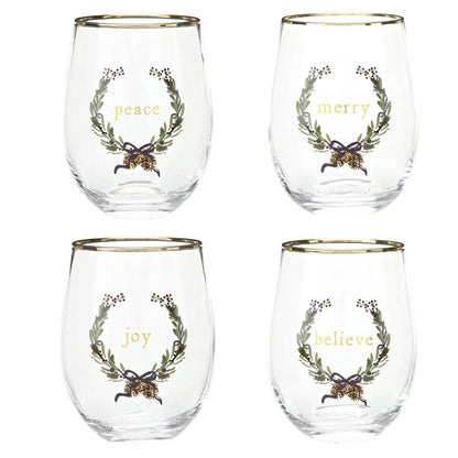 Gold Foil Boxed Stemless Wine Glass Set - Merry Christmas