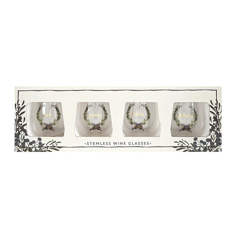 Gold Foil Boxed Stemless Wine Glass Set - Merry Christmas
