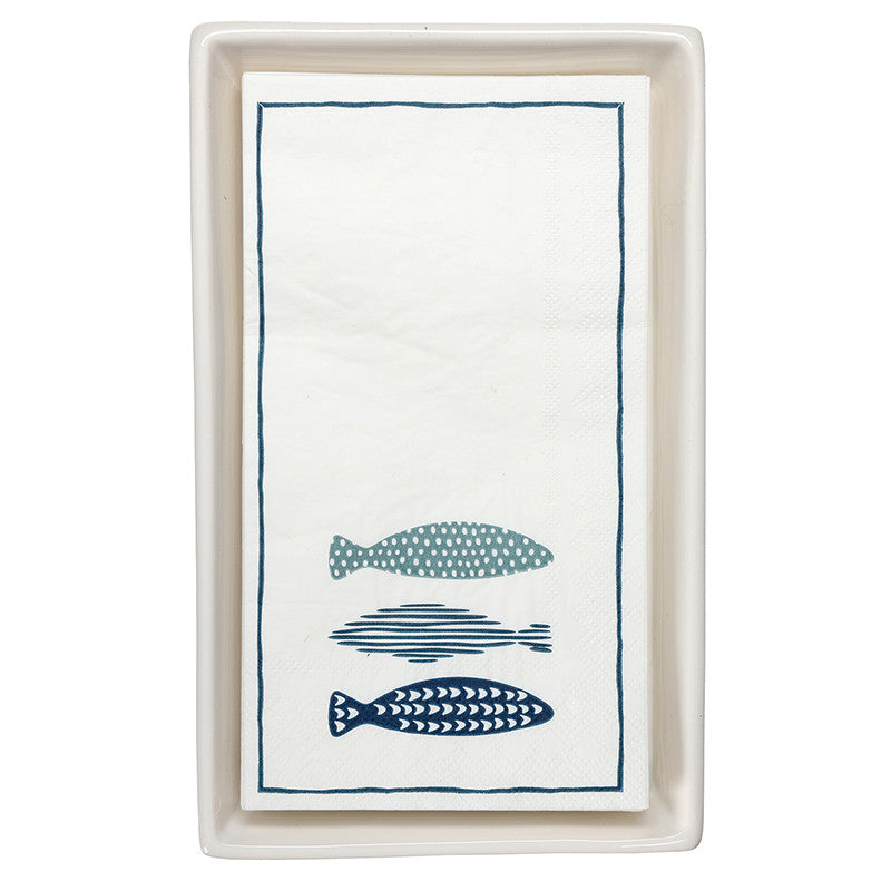 Ceramic Guest Napkin Tray + Napkins - Fish