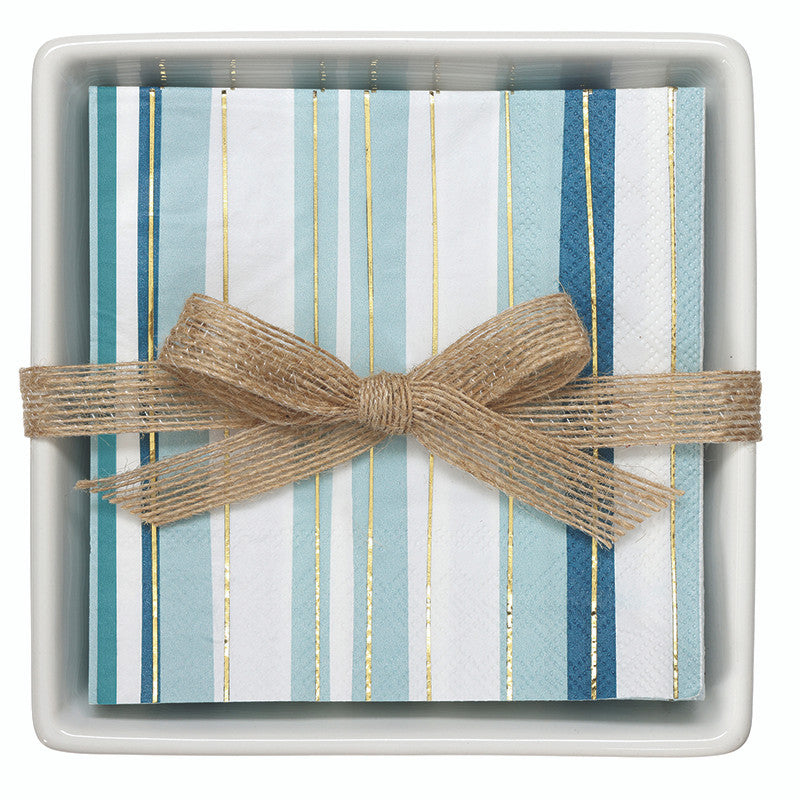 Ceramic Napkin Trays + Napkins - Blue Stripes