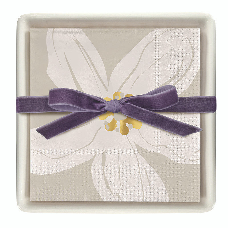 Ceramic Napkin Tray + Napkins- Beige Flowers