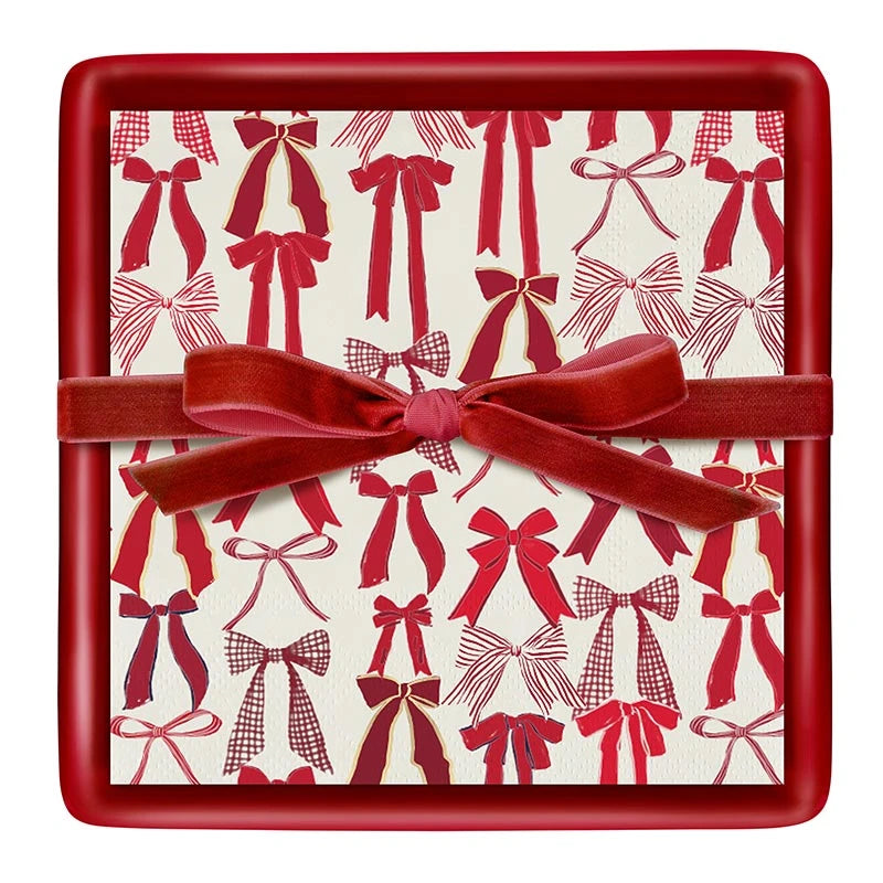 Ceramic Napkin Tray + Napkins - Red Bows