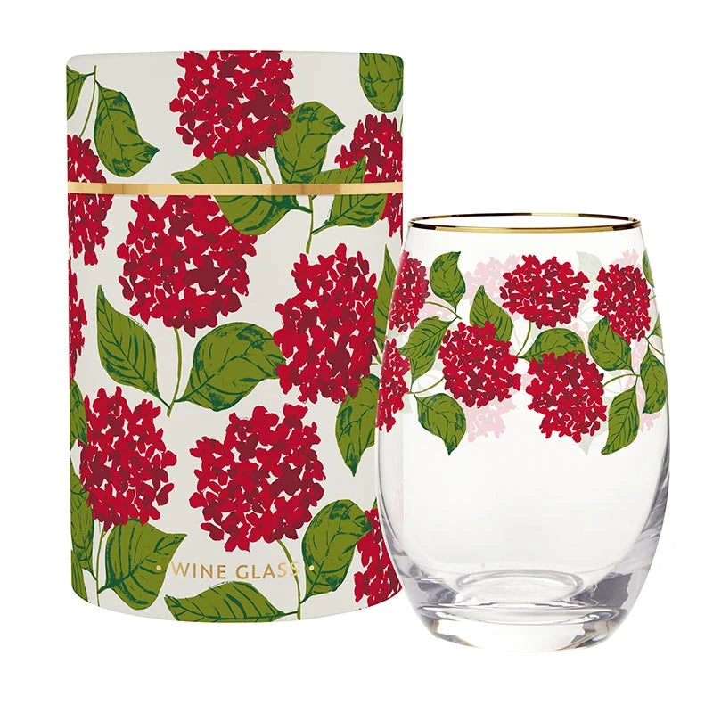 Wine Glass in Tube Packaging - Red Hydrangeas