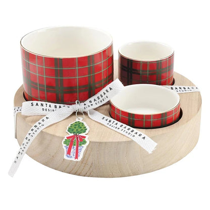 Trio Ceramic Bowls With Wood Base - Red Plaid