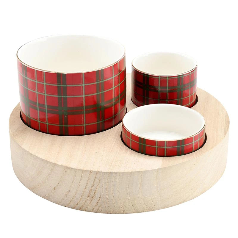 Trio Ceramic Bowls With Wood Base - Red Plaid