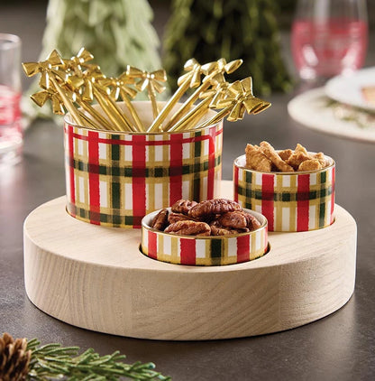 Trio Ceramic Bowls With Wood Base - Beige Plaid