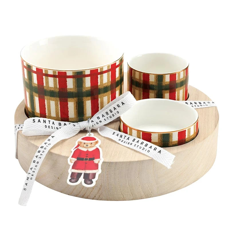 Trio Ceramic Bowls With Wood Base - Beige Plaid