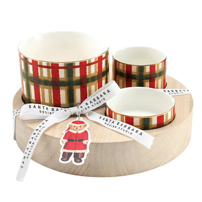 Trio Ceramic Bowls With Wood Base - Beige Plaid