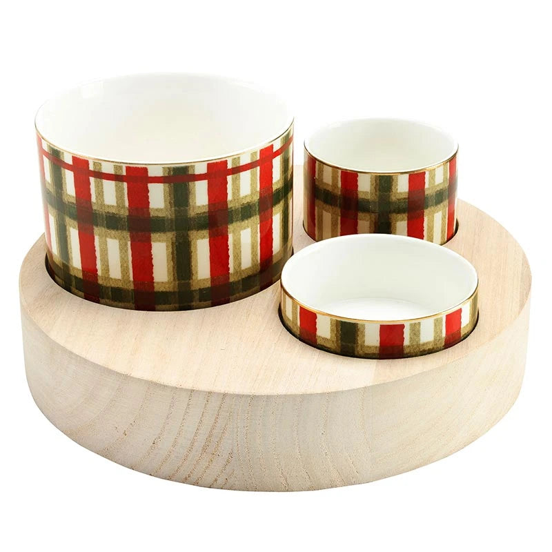 Trio Ceramic Bowls With Wood Base - Beige Plaid