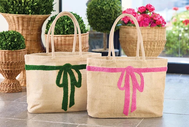 Luxe Burlap Tote - Pink Bow