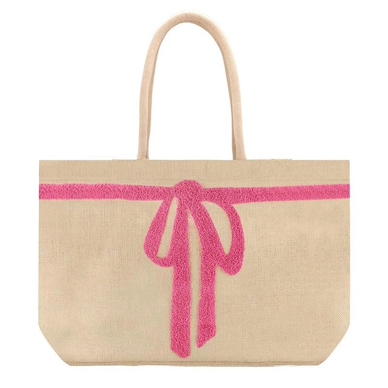Luxe Burlap Tote - Pink Bow