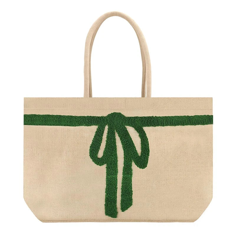 Luxe Burlap Tote - Green Bow