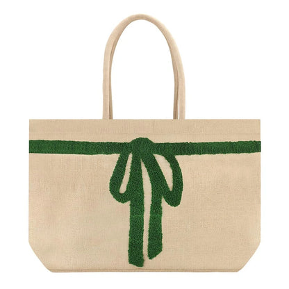 Luxe Burlap Tote - Green Bow