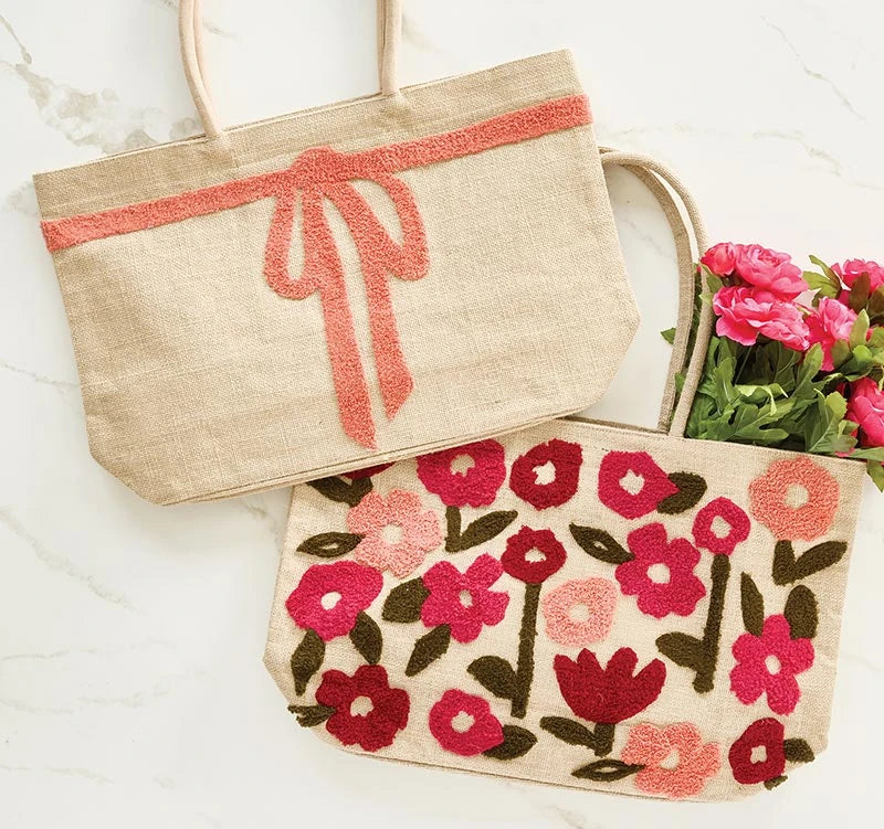 Luxe Burlap Tote - Coral Bow