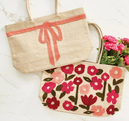 Luxe Burlap Tote - Coral Bow