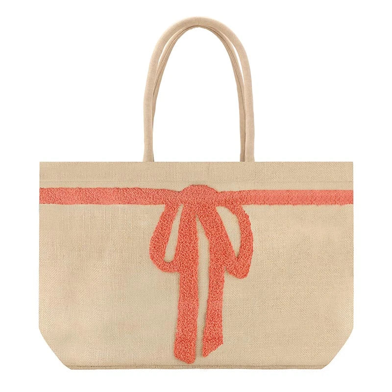 Luxe Burlap Tote - Coral Bow