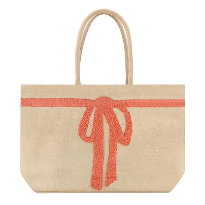 Luxe Burlap Tote - Coral Bow