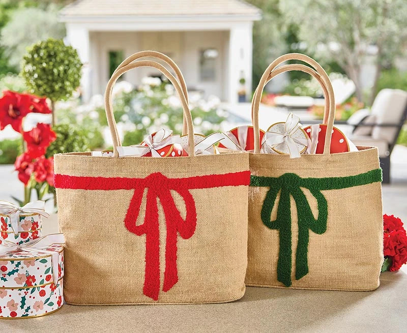 Luxe Burlap Tote - Red Bow