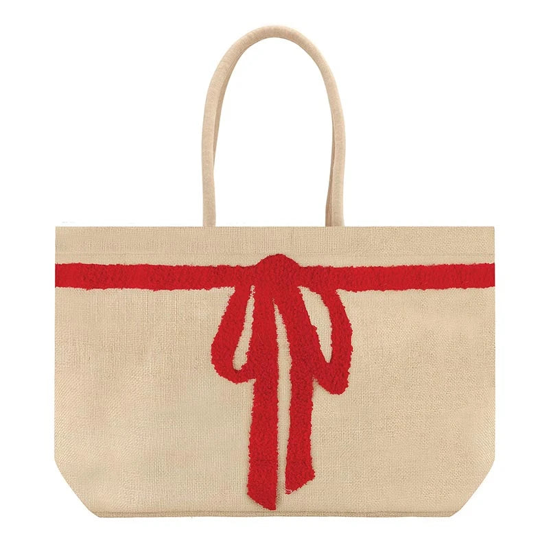 Luxe Burlap Tote - Red Bow