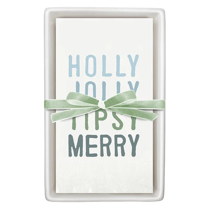 Face to Face Ceramic Tray + Guest Napkins - Holly Jolly