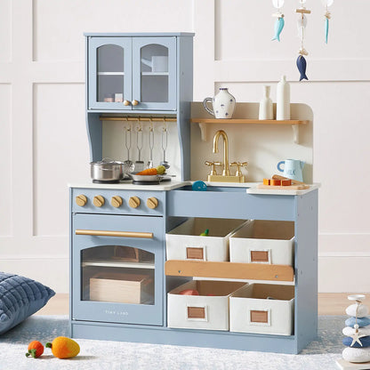 Tiny Land® Pretend Play Kitchen for Kids - Serenity Wooden Kitchen – Blue